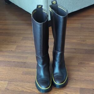 Brown Tall Leather Boots with Yellow Trim
